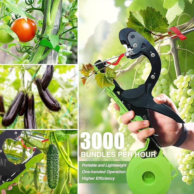 Upgraded Plant Tying Machine Tie Up Vine Tomatoes and Grapes Quickly Plant Tying Tape Tool for Gardeners Farmers Plant Tie Tapener Gun with SK5 Blade Replacement Green Tapes and Staples
