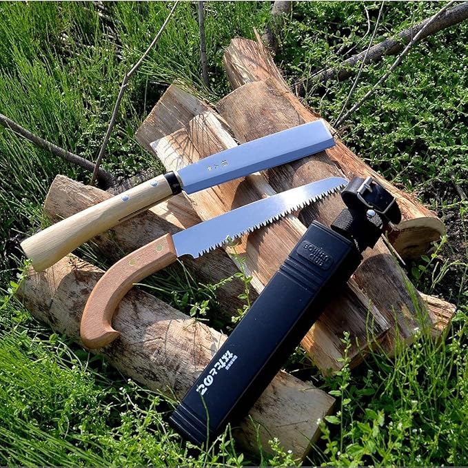 KAKURI Japanese NATA Tool Knife 6.5" and Pruning Saw Set, Made in Japan, Bushcraft Hatchet Axe and Saw Combo with Sheath for Camping, Outdoor, Campfire, Gardening