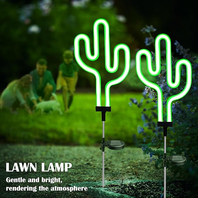 SunKite Cactus Solar Garden Stake Lights - Outdoor Waterproof Neon Lights for Garden, Yard, Lawn, Pathway, Patio, Backyard (2 Pack)