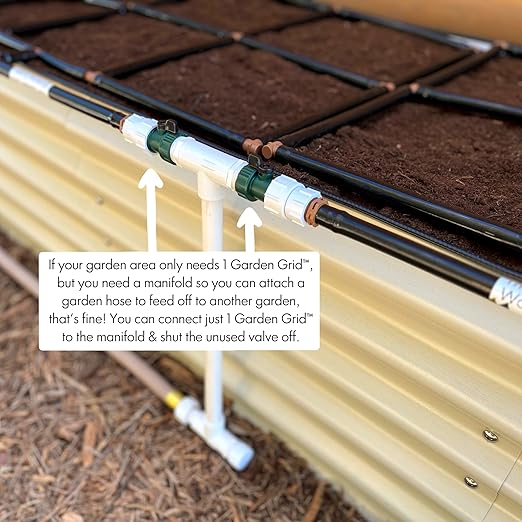 Garden Grid Connection Manifold | Connect Neighboring Garden Grids or Just 1 and/or Daisy-Chain from Manifold to Manifold with Garden Hoses to Connect Many Garden Grids | 8” Height