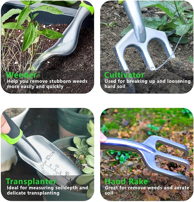 Gardening Tools - 11Pcs Heavy Duty Garden Tool Set with Non-Slip Rubber Grip,Aluminum Alloy Starter Kit with Garden Bag, Durable, Ergonomic, Ideal Gardening Gifts for Women, Mom, Men