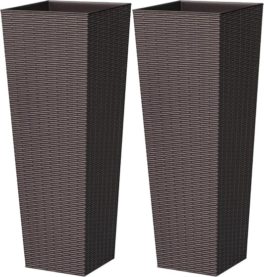 Greesum Large Tall Planter for Outdoors Plants, Set of 2, 32" Tall Plastic Flower Pots, Tapered Porch Planter with Drainage Holes for Patio, Backyard, Brown