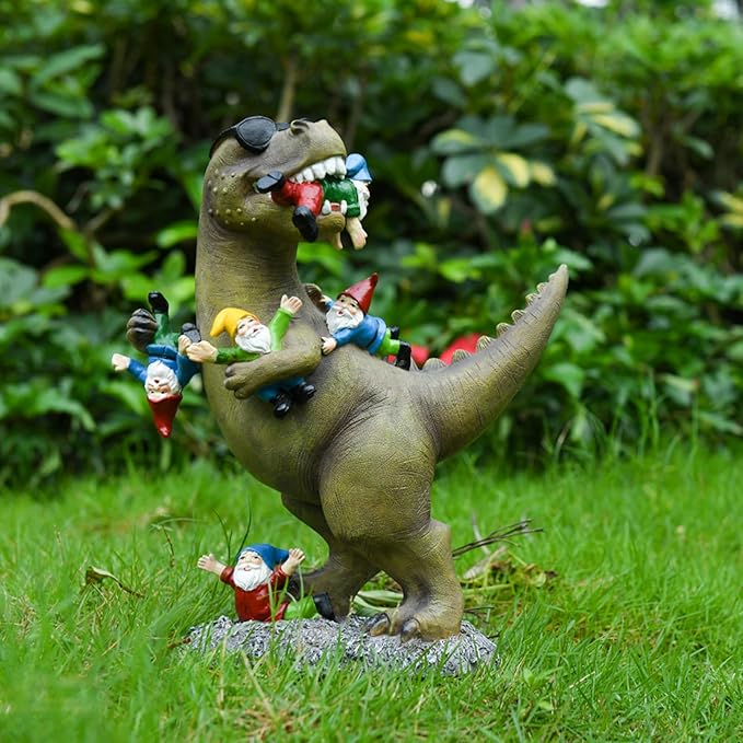 Garden Gnome Statues Garden Decor - Large Dinosaur Eating Gnomes Outdoor Decor for Patio,Lawn,Yard Decor - Uique Housewarming Gift