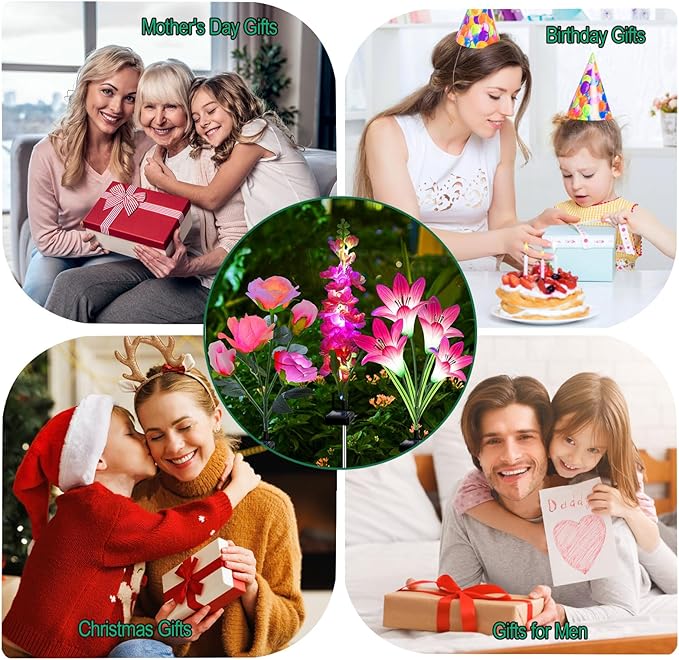 Solar Flowers Lights, 6 Pack Lily Rose Delphinium, Waterproof Gardening Gifts for Mom, Multi-Color Changing Outdoor Lights for Garden, Yard, Patio, Lawn