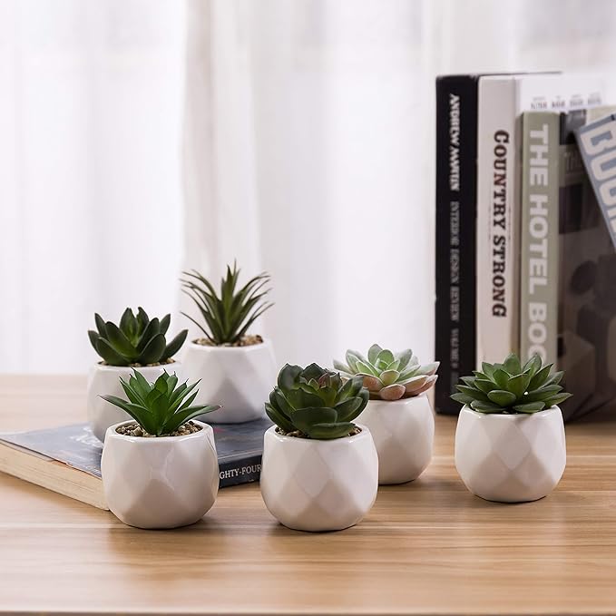 MyGift Mini Assorted Green Faux Succulent, Indoor Fake Plants in Geometric Ceramic Pots, Set of 6