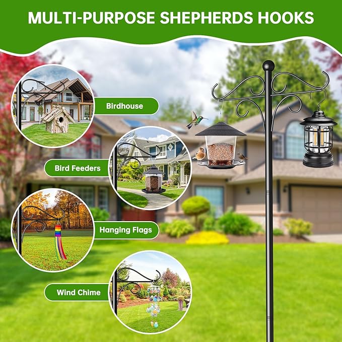 Shepherds Hooks for Outdoor, 108 Inch Heavy Duty Bird Feeder Pole with 5 Prongs Base, Adjustable Shepherds Hook for Hanging Birdhouses, Lanterns, Plant Baskets, Wind Chimes