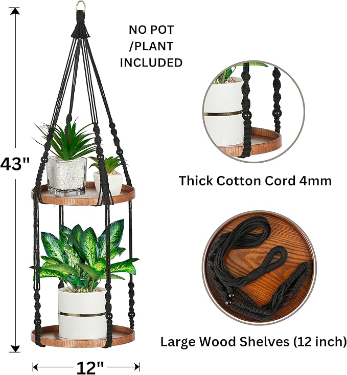 2 Tier Macrame Plant Hanger | Plant Hanger Indoor, Hanging Planter | Hanging Planter Shelf (Black) (Large, 12" Shelf)