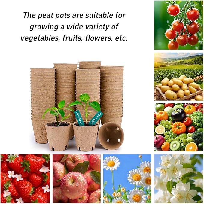 ANGTUO 102 Pcs Peat Pots for Seedlings, 3.14 inch Biodegradable Seed Nursery Pot with Drainage Holes, Seedling Pots Include 50 Labels