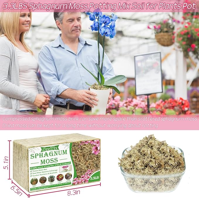 ZeeDix 1500g Premium Sphagnum Moss for Plants, 60QT Natural Long Fibered Orchid Moss Sphagnum Peat Moss Bulk for Carnivorous,Orchid,Sarracenia,Succulent,Venus Fly Traps and Reptiles