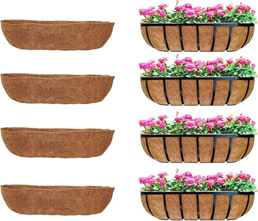 Maxona 30 inch 4 Pack Trough Rectangular Coco Liner for Window Box Planter: Thick Coconut Coir to Support The Soil Replacement for Wall Hanging Basket, Rectangle Pre-Formed Fiber Husk, Garden Fence