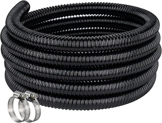 Pond Hose ID 1-1/4” × 10ft Black Corrugated Flexible Reinforced PVC Hose Vinyl Tubing for Pond Pump Fountain Garden Waterfall, Non-toxic & Kinkproof, with 2 clamps