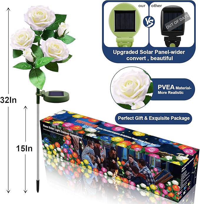 Solar Flower Lights Outdoor - Upgraded New Material Two Modes Realistic LED Solar Powered Waterproof Lights with 5 Roses, Solar Decorative Stake Lights for Garden (White, 2 Pack)