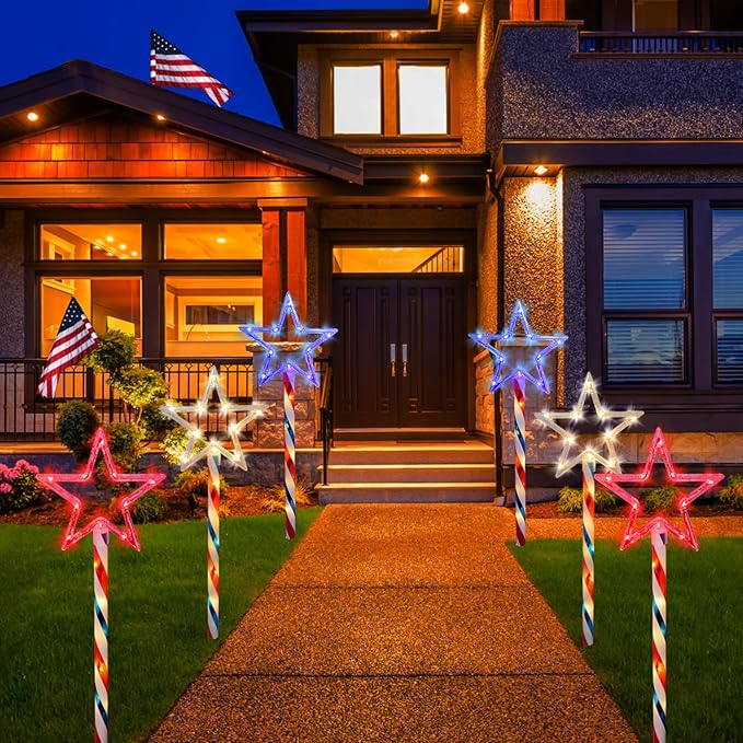 Solar Pathway Lights Outdoor 4th of July Decorations, 2 Sets of 6 Red White and Blue Star Walkway Lights With 180 LED, Waterproof Remote Control Timed Patio for Lawn Garden Decor