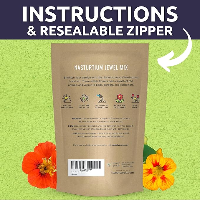 Nasturtium Jewel Mix - Bulk 1/4 Pound Pouch - 750 Flower Seeds for Planting - Tropaeolum majus
