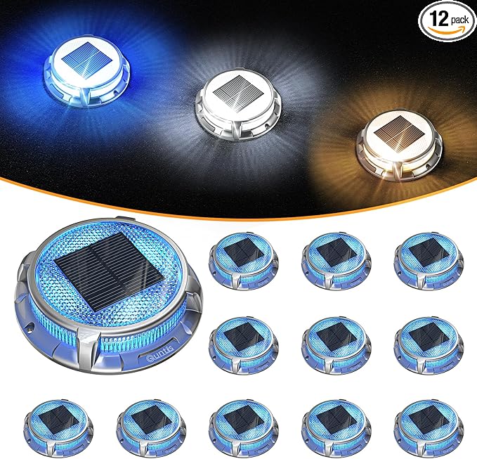Quntis Solar Deck Lights Outdoor 12 Pack, 3 Color Modes Solar Driveway Lights IP68 Waterproof, Deck Light for Stair Pathway Pool Walkway Road (Blue/Cool White/Warm White)