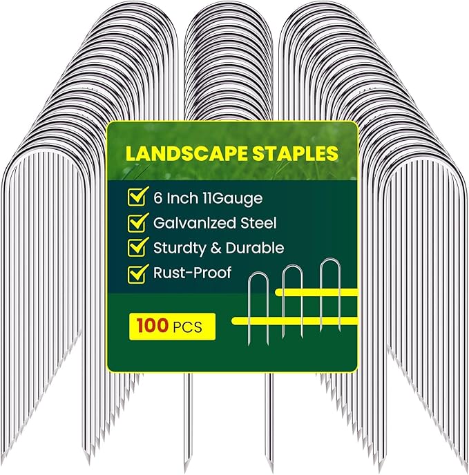 Garden Stakes 6 inches, U-Shaped Tent Stakes, Galvanized Landscape Staples, Ground Stakes, for Landscaping Securing Weed Barrier Fabric, Irrigation Tubing, Holding Fence, Tarpaulin (100)