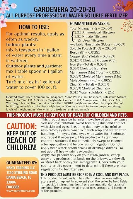 20-20-20 All-Purpose Fertilizer - A Premium Foliar Feed for Thriving Plants - 3 Quart