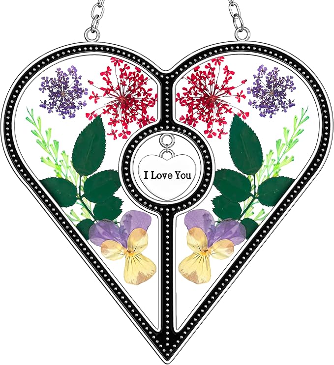 KY&BOSAM Heart Suncatcher I Love You Glass Panels for Window Hangings Wind Chime with Pressed Flower Heart Embedded in Glass Mom Gifts Birthday Gifts for Women Mother`s Day Valentine`s Christmas Decor