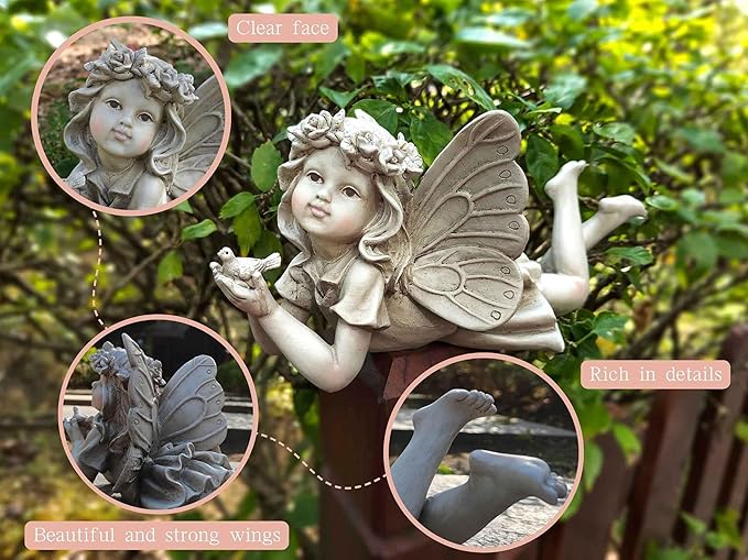 MeritMode Fairy Flower Garden Outdoor Statue - Angel Holding Bird and Butterfly, 11" Width, Cherub Decor and Grandma Gifts, Patio and Yard