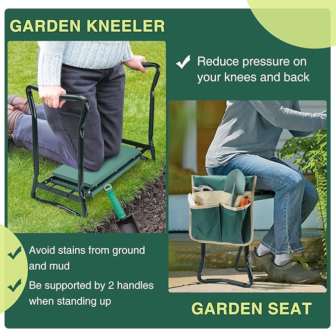 WISYOK Garden Kneeler and Seat, Heavy Duty Gardening Bench with 2 Tool Pouches, Widen EVA Foam Pad, Foldable Garden Stool to Prevent Knee & Back Pain