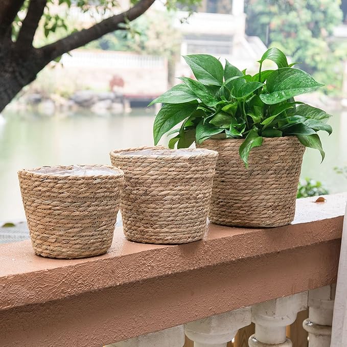 Plant Baskets for Indoor Plants, Seagrass Flower Plant Pots Cover Storage Basket for Organizing,9.8 inch,Brown Set of 3