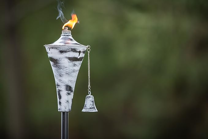 Set of 4, Oahu Premium Metal Outdoor Torches for Patio, Lawn and Garden - Tiki Style Metal Torch/w Snuffer, Fiberglass Wick & Large 16oz Oil Lamp - 53" Tall (Whitewash)