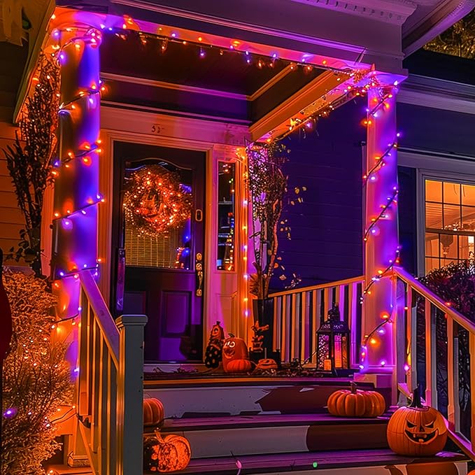 JMEXSUSS Orange and Purple Solar Halloween Lights, 2 Pack Total 400 LED Solar String Lights Outdoor Waterproof, 8 Modes Halloween Lights for Outside Halloween Tree Decorations