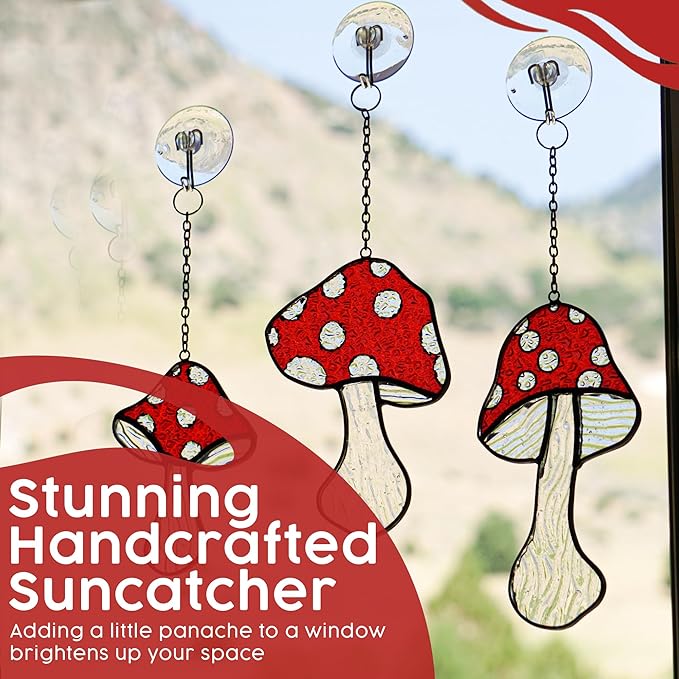 SENSORY4U Fly Agaric Hand-Painted Mushroom Stained Glass Suncatcher 3-Pack - Moon and Toadstool Window Hanging Ornaments - Nature-Inspired Home Décor for Plant and Mushroom Lovers