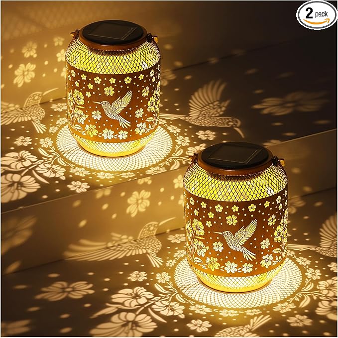 2 Pack Solar Lanterns Outdoor Waterproof Hummingbird Garden Decor Birthday Gifts for Women Mom Grandma Hanging Solar Lights Metal Decoration Outside for Yard, Patio, Backyard, Porch, Pathway