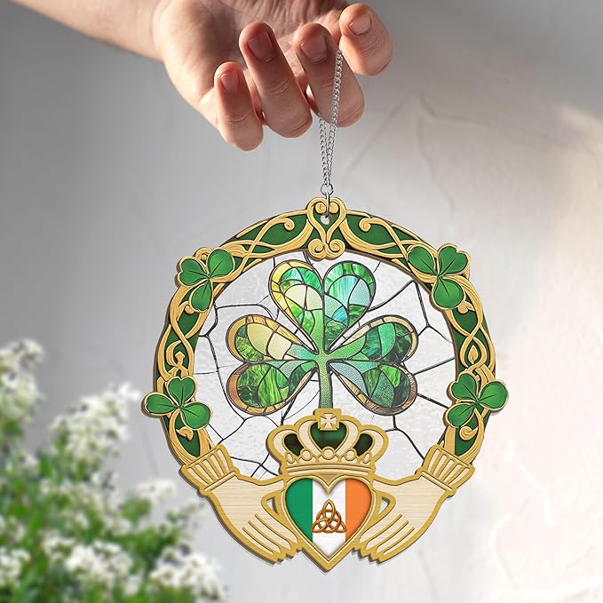 St Patricks Day Decorations - St Patricks Day Accessories, Shamrock Decorations, Irish Gifts for Women Men Friends Family, Shamrock Decorations - Double Layered Hanging Suncatcher 8 in