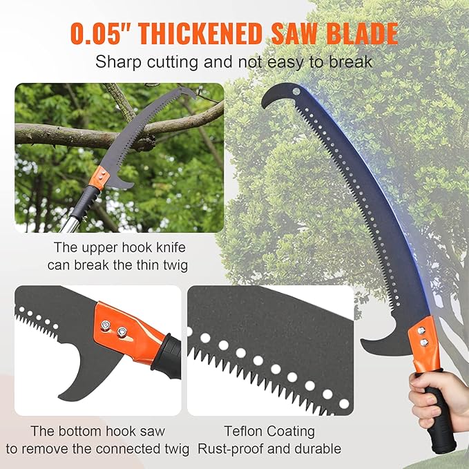 VEVOR Manual Pole Saw, 7.3-27 ft Extendable Tree Pruner, Sharp Steel Blade High Branches Trimming, Manual Branch Trimmer with Lightweight 8 Fiberglass Handles, for Pruning Palms and Shrubs