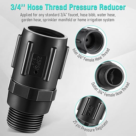 2 Pack Drip Irrigation Pressure Regulator Kit, Drip Irrigation Filter with 25 PSI 3/4'' Hose Thread Pressure Regulator, with Metal Connector, for Drip Irrigation System, Pressure Reducer