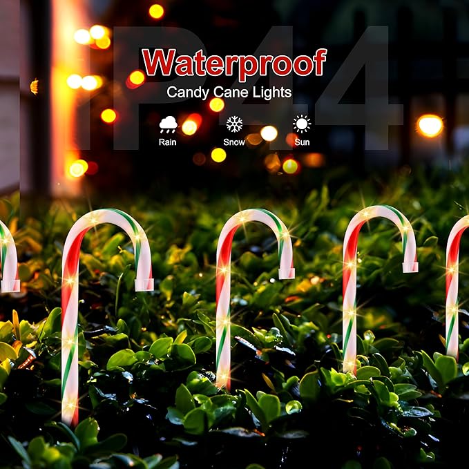 VCOKEN 10'' Christmas Candy Cane Lights Outdoor Pathway, Set of 10 Christmas Candy Cane Markers Waterproof, Light Up Xmas Candy Cane Decoration with Stakes for Holiday Party Yard Art Indoor Outdoor