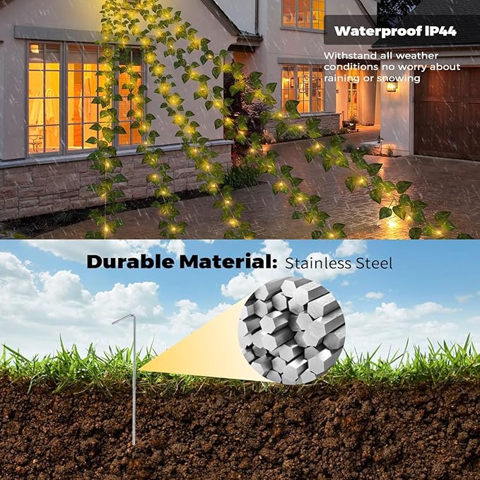 13.5FT*5 Branches Fake Vines with Fairy Lights, Solar Powered Ivy String Lights, 8 Modes Fake Plant Light, Waterproof Triangular Leaf Light for Eaves, Tree, Patio, Garden, Yard, Wedding Decoration