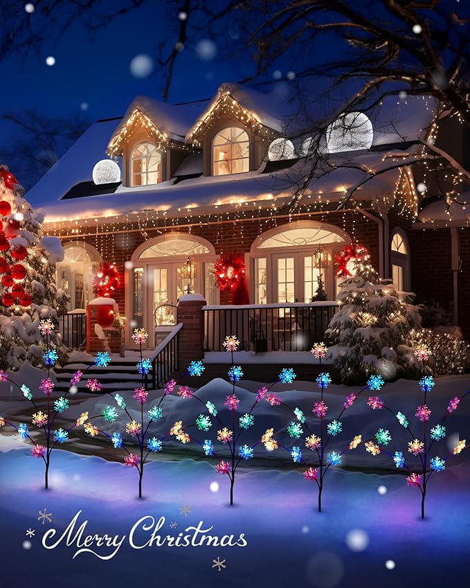 Outdoor Snowflake Lights, 4 Packs Driveway Christmas Lights, Outdoor Tree Christmas Decorations, Christmas Outdoor Decorations Yard, Multicolor