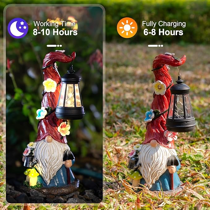Solar Garden Statue Gnomes Figurine Lights, Dwarf Gardener with Long Hat Hanging Lantern, Outdoor Yard Decorations for Patio Porch Home, Garden Gifts for Women Mum