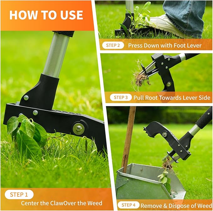 Weed Puller Tool, Gardening Stand-Up Weeder Puller with Ergonomic 39.5" Long Handle and 4 High-Strength Stainless Steel Claws, Easily Weeds Without Bending, Pulling, or Kneeling（Black）