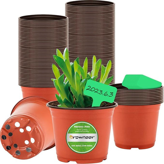 GROWNEER Nursery Pots 120 Packs 6 Inch Plastic Planting Pot with 15 Pcs Plant Labels, Seed Starting Kit Flower Planter Container Seedling Pot with Drainage Hole for Indoor Outdoor Garden