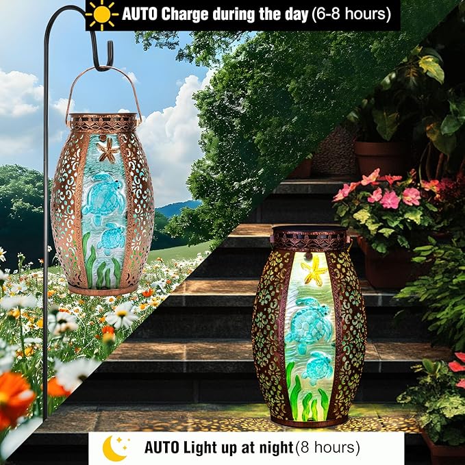 Larekook Outdoor Solar Lantern-Waterproof Turtles Hanging Metal Decorative Lights for Patio Table Garden Pathway Yard with Super Bright Warm White LED,Large Solar Panels,Auto On/Off Sensor
