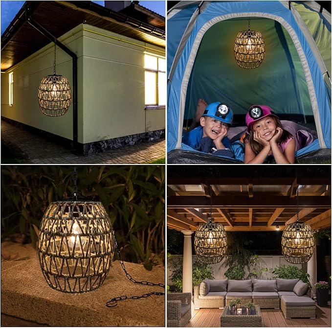 Outdoor Solar Hanging Lantern, Natural Seeweed Rattan Bamboo Woven Porch Patio Gazebo Pendent Chandelier Light Decorative Solar Powered Hanging Lamp for Front Door Garden