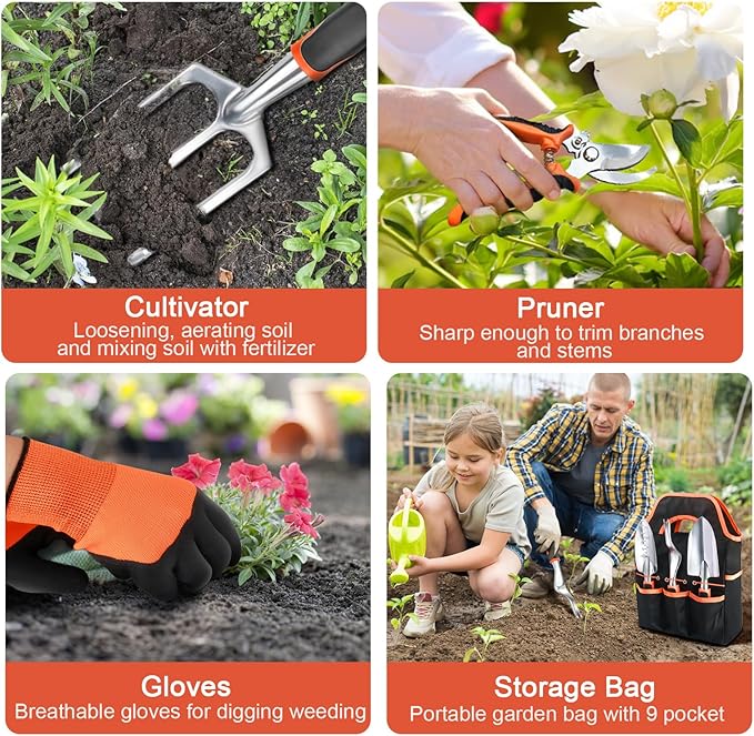 Garden Tools Set, 8 Piece Gardening Tools Set with Non Slip Ergonomic Handle, Heavy Duty Garden Tool Set with Storage Bag, Gardening Kit for Women, Gardening Hand Tools Gift for Women and Men, Orange