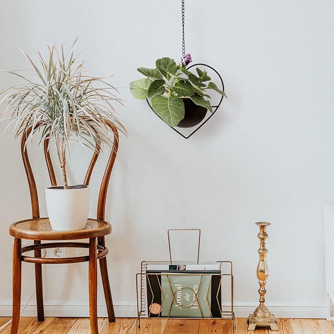 Hajia 2 Pack Heart Shaped Boho Hanging Plant Holder with 6inch Detachable Pot, Black Metal Wall Ceiling Plant Hanger for Indoor Outdoor, Minimalist Small Hanging Planter for Home Wedding Decor