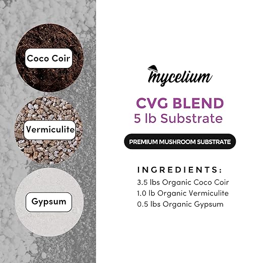 Mycelium’s Superior CVG Substrate Blend - Organic Coco Coir, Vermiculite, Gypsum Mix - Ideal for High Yield and Easy Mushroom Cultivation - Sterilized 5LB Bag for Beginners & Pros