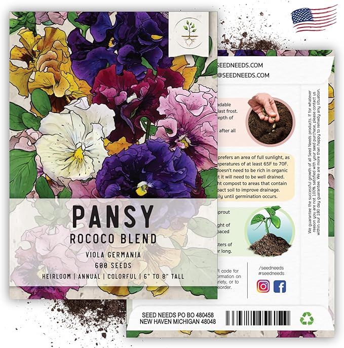 Seed Needs, Rococo Pansy Seeds - 600 Heirloom Seeds for Planting Viola Germania - Colorful Blooms for an Outdoor Flower Garden, Attracts Pollinators (5 Packs)