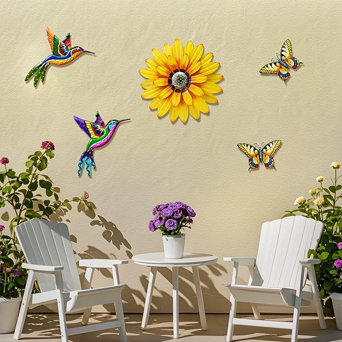 Metal Outdoor Wall Art Decor, 5 Pack Metal Flower Wall Decor and Bird Butterfly Wall Decor, Metal Garden Decor Outdoor Decorations for Yard Art