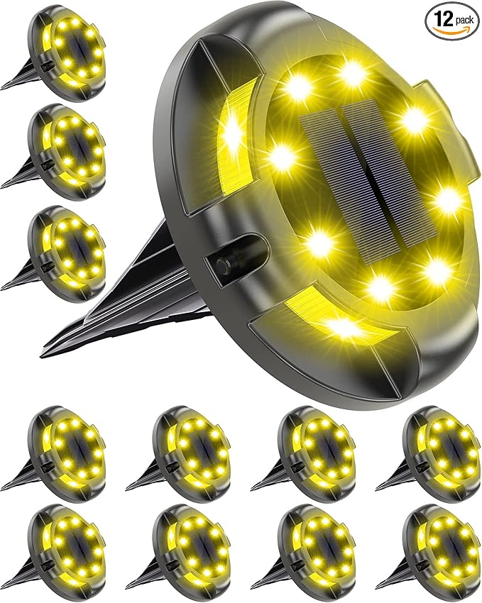 Biling Solar Ground Lights - 12 Pack Uplight & Sidelight, Waterproof Outdoor Lights for Yard, Driveway, Garden, Poolside (Warm White)
