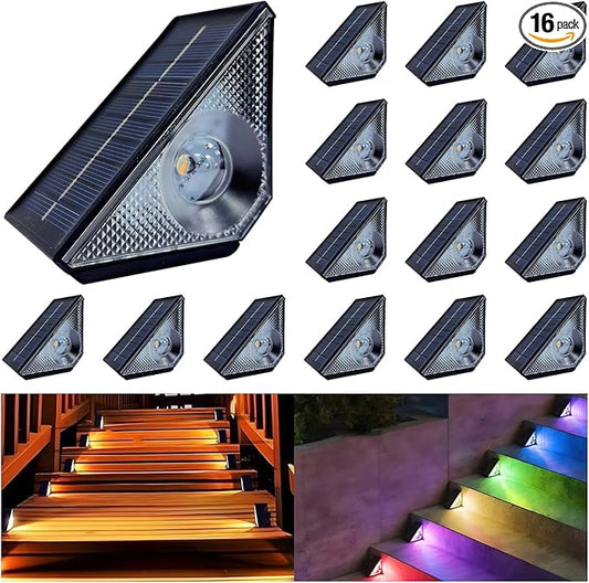 Solar Step Deck Lights Outdoor 16 Pack Solar Step Lights, Waterproof Warm White/7 RGB Color Glow Solar Stair Lights for Yard, Patio, Garden, Walkways, Front Door, Pathway, Driveway