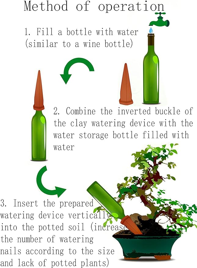 Clay Plant Watering Equipment Holiday Plant Wine Bottle Drinker Slow-Release Plant Watering Head is an Automatic Watering Device, Suitable for Indoor and Outdoor Plants (PVC Label, Random Gift) (10)
