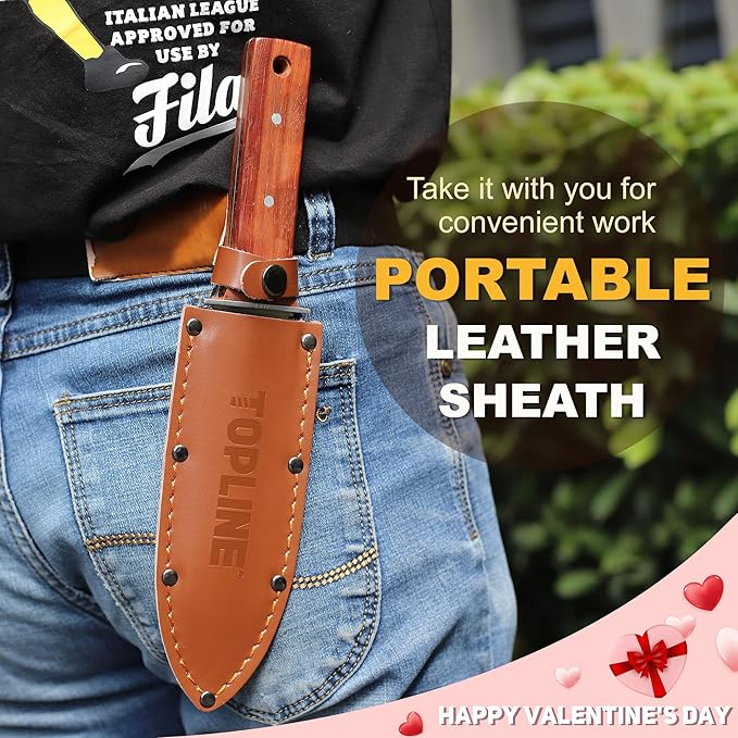 Topline Hori Hori Garden Knife, Double-edge Stainless Steel Blade, Garden Knife with Leather Sheath for Digging, Weeding, Planting, Hori Hori Knife with Sharpener, Sharpening Stone Included