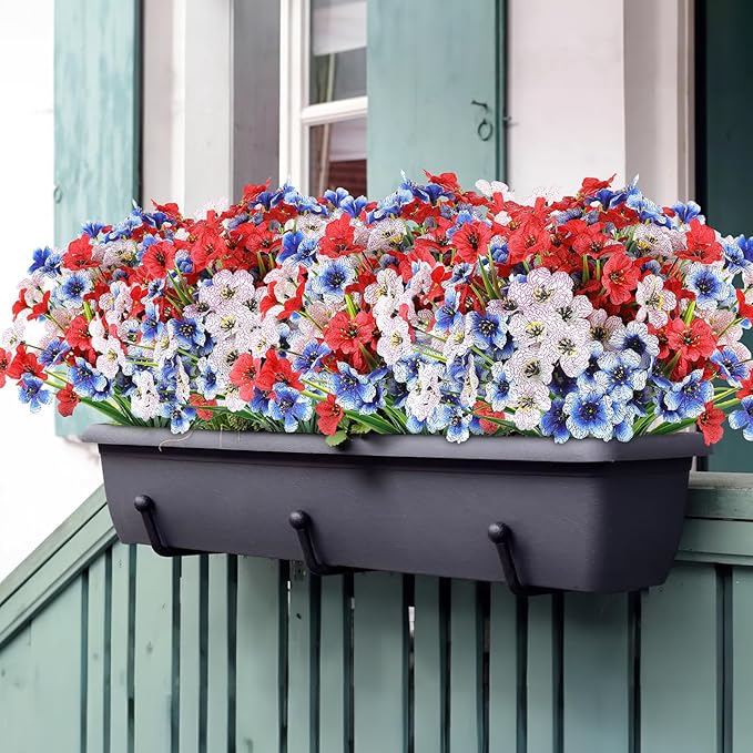 24 Bundles Artificial Flowers for Outdoor,No Fade Fake Plastic Flowers for Garden Porch Window Box Home,Red White Blue Faux Plants for 4th of July Memorial Day Independence Day Patriotic Decor